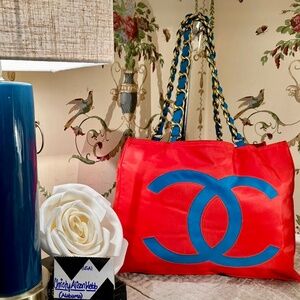 CHANEL 1990s Vintage Logo Jumbo Sexy Red & Blue Nylon Tote w/Large Chain Straps